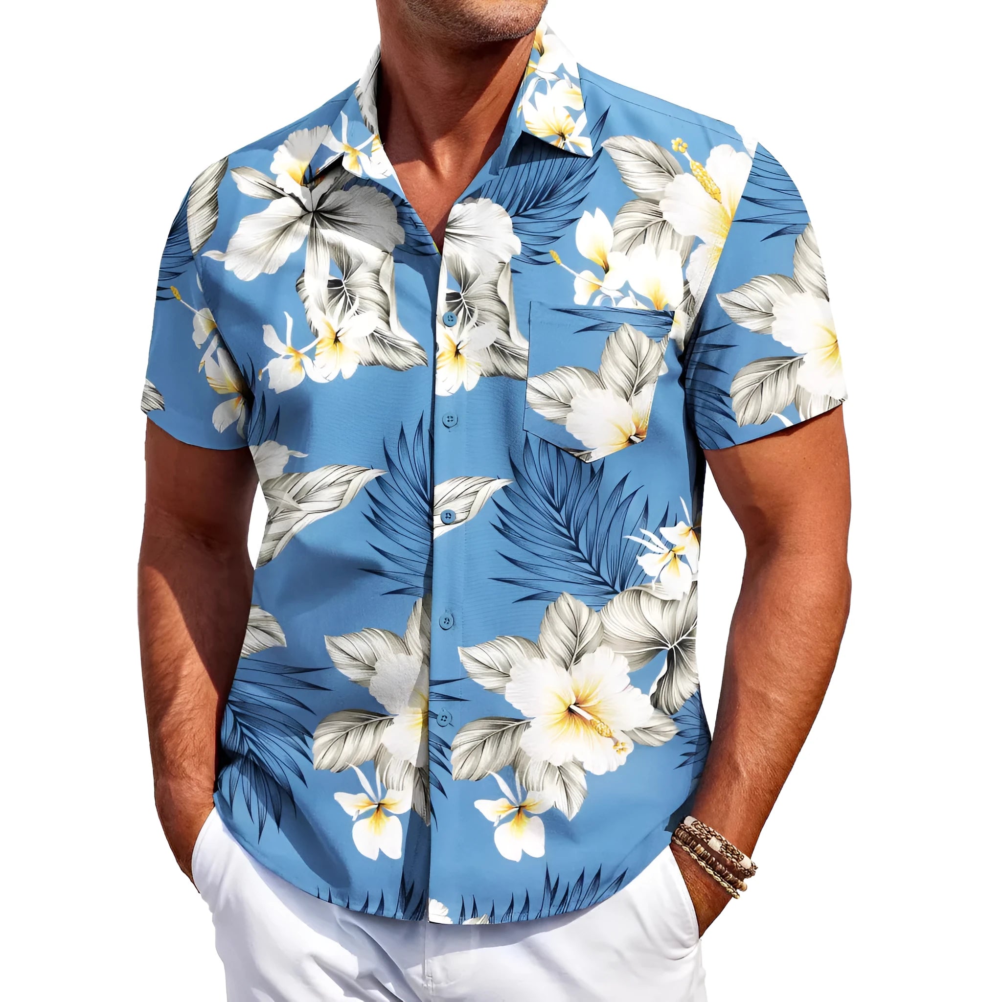 Men's slim fit Hawaiian short sleeve shirt in elastic polyester fabric on hanger