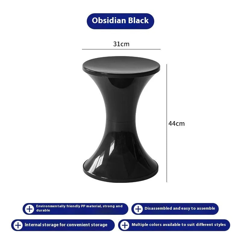 Plastic hourglass-shaped shoe changing stool shown in available colours.