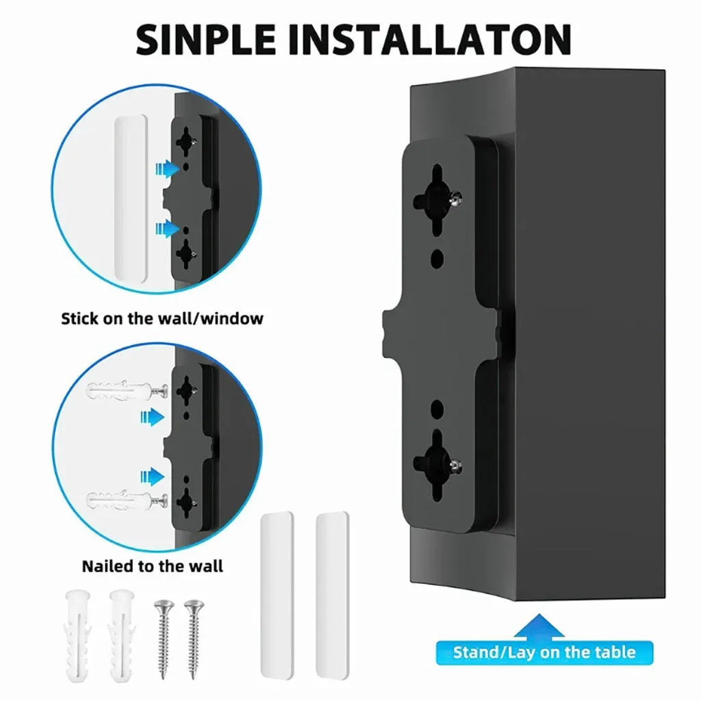 Black plastic indoor HD digital TV antenna with mounting accessories including expansion tubes and screws