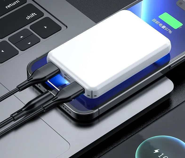 Black and white electric heating vest power bank showing compact 97mm by 64mm size.