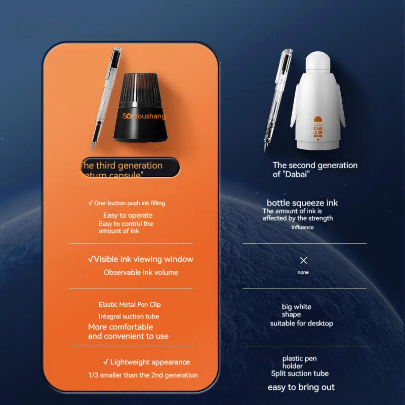 Student automatic suction pen set with ink feeder showing 0.38mm and 0.5mm pen head options