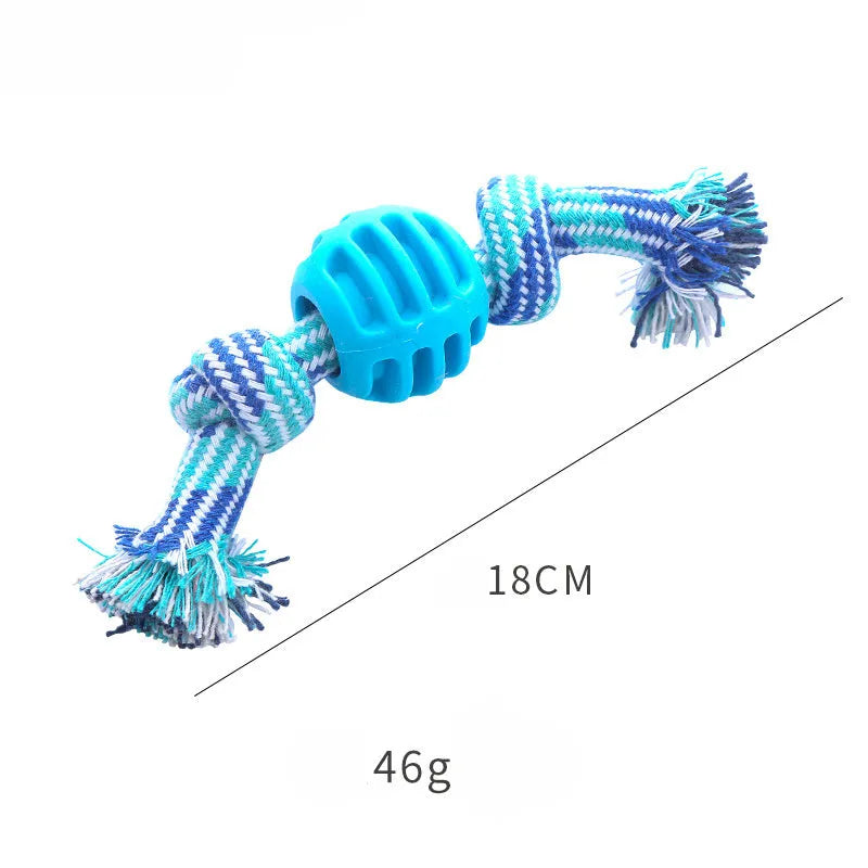 Blue molar-shaped dog chew toy with natural fibre ropes for dental cleaning