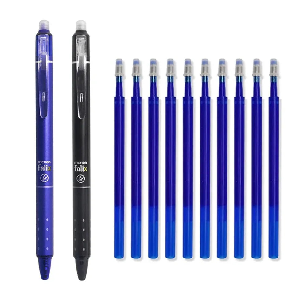 Hot erasable push gel pen with 0.5mm tip, plastic body, shown in blue or black ink for school use.