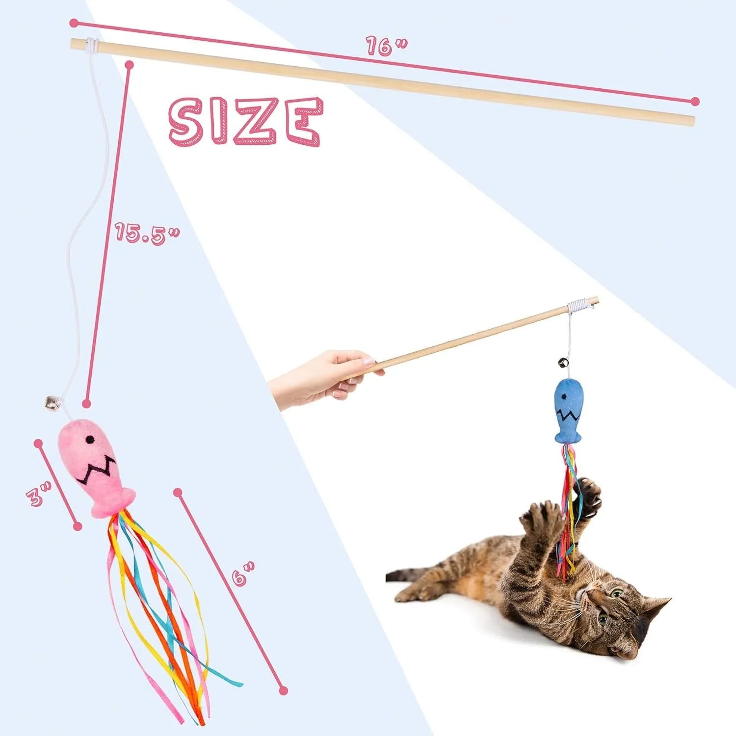 Wooden cat wand toy with colourful ribbons, catnip fish and bell attachment for interactive indoor play