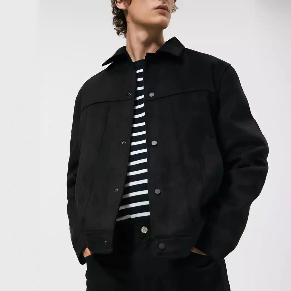 Black men's hooded jacket with suede collar, cotton blend fabric, and side seam pockets