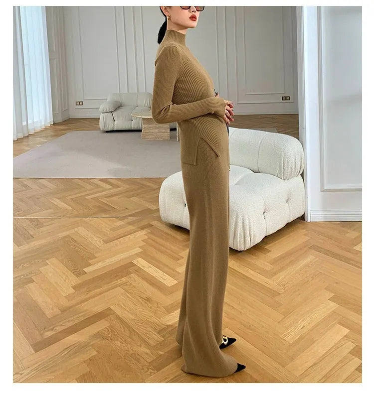 Women's knitted three-piece clothing set showing cardigan, wide-leg trousers, and top with leather stitching detail