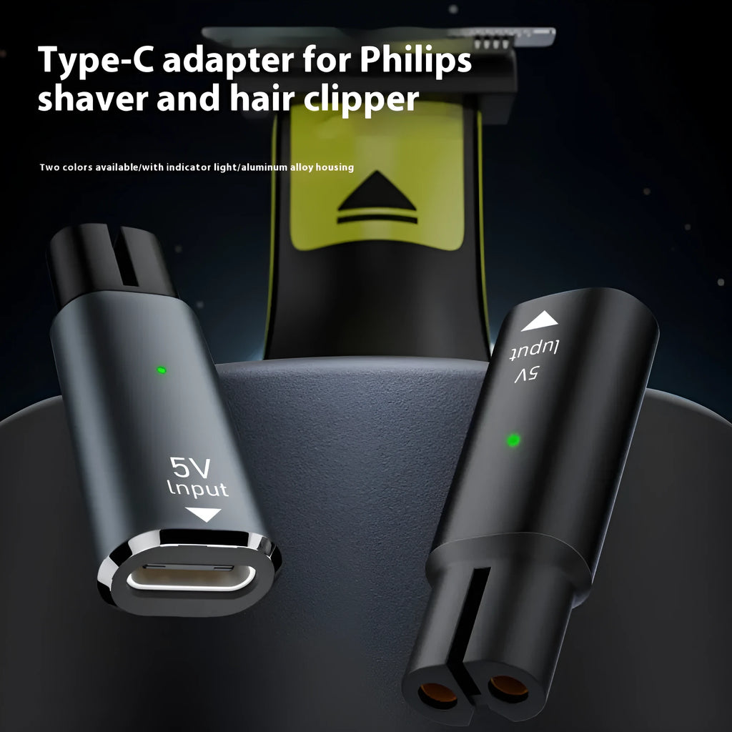 USB C charging adapter for electric shavers in black or grey with aluminium alloy construction