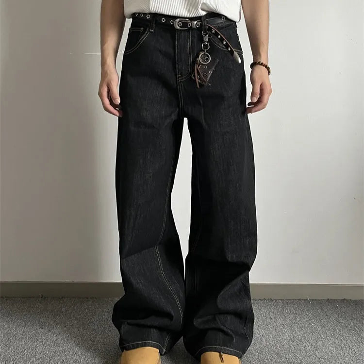 Black retro straight-leg jeans with wide-leg cut and mid-waist zip fly