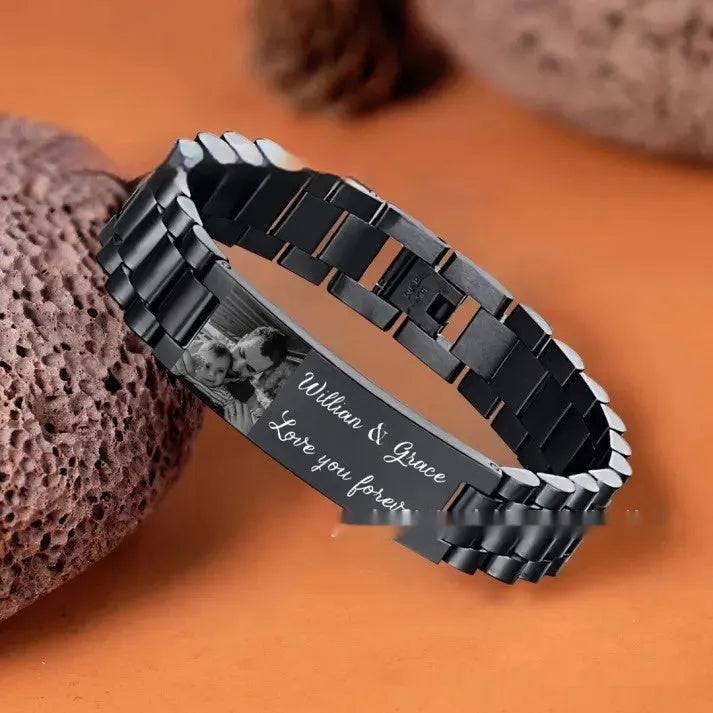 Titanium steel heart-shaped bracelet with electroplated lettering in black or grey options