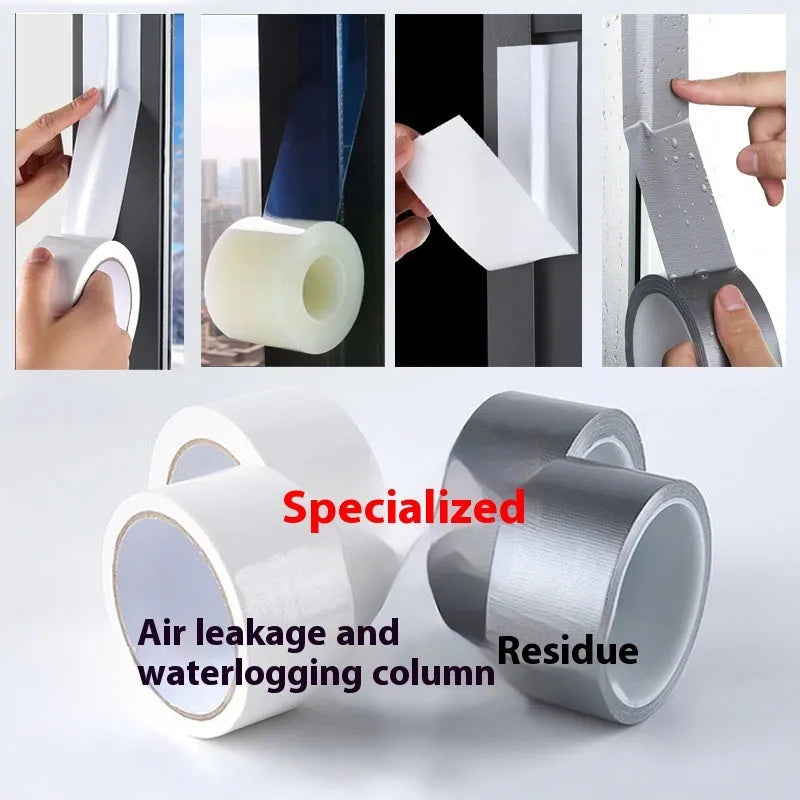 Roll of high-adhesive thickened windproof sealing tape in transparent, silver grey or white on a window frame.