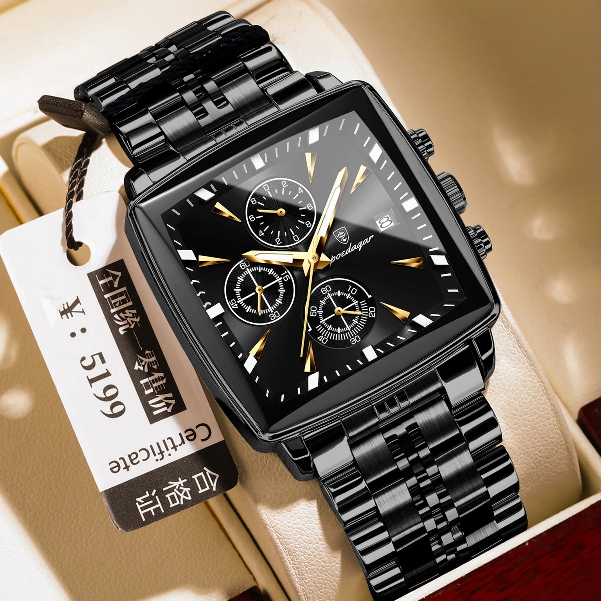 Men's square business watch with stainless steel strap and butterfly clasp in various colour options.