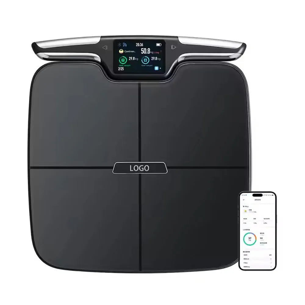 Black eight-electrode intelligent body fat and weighing scale for home use.