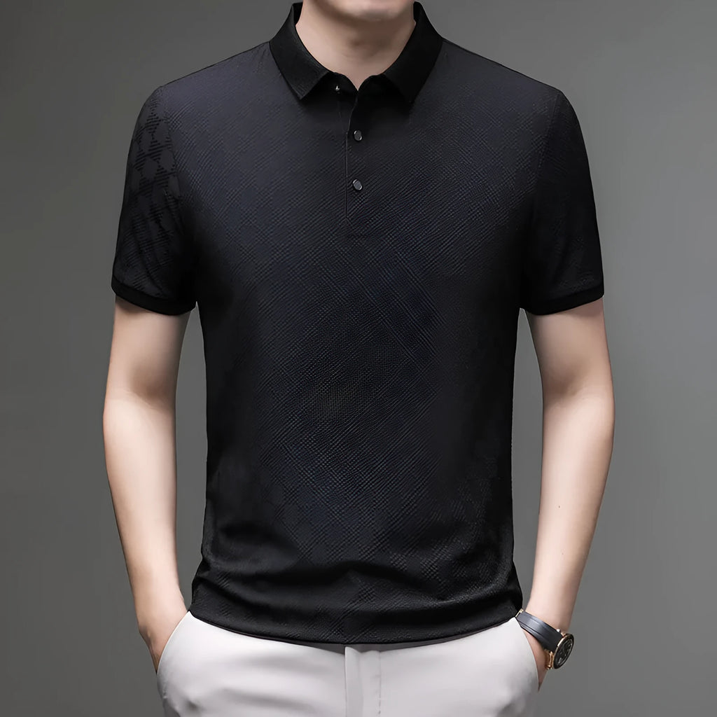 Rhombus patterned thin ice silk short sleeve T-shirt in black, featuring a slit detail on the hem.