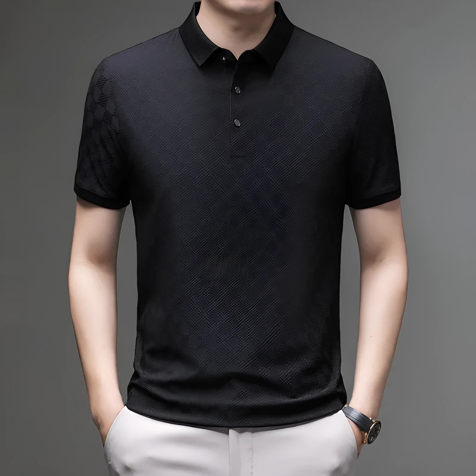 Rhombus patterned thin ice silk short sleeve T-shirt in black, featuring a slit detail on the hem.