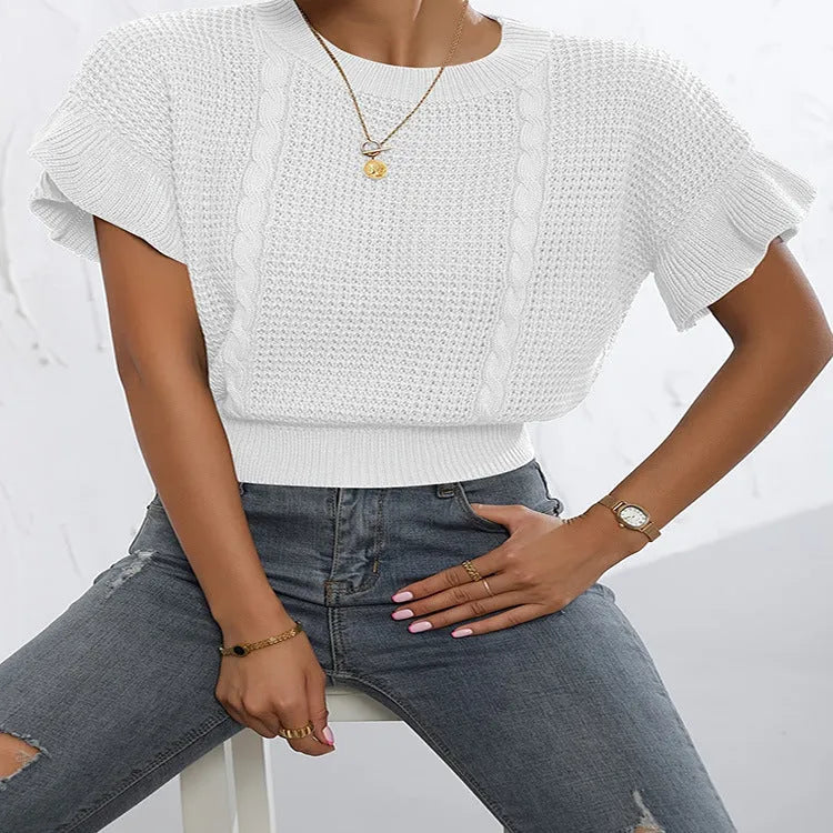 Women's loose fit knitted pullover with ruffled short sleeves and twisted string texture