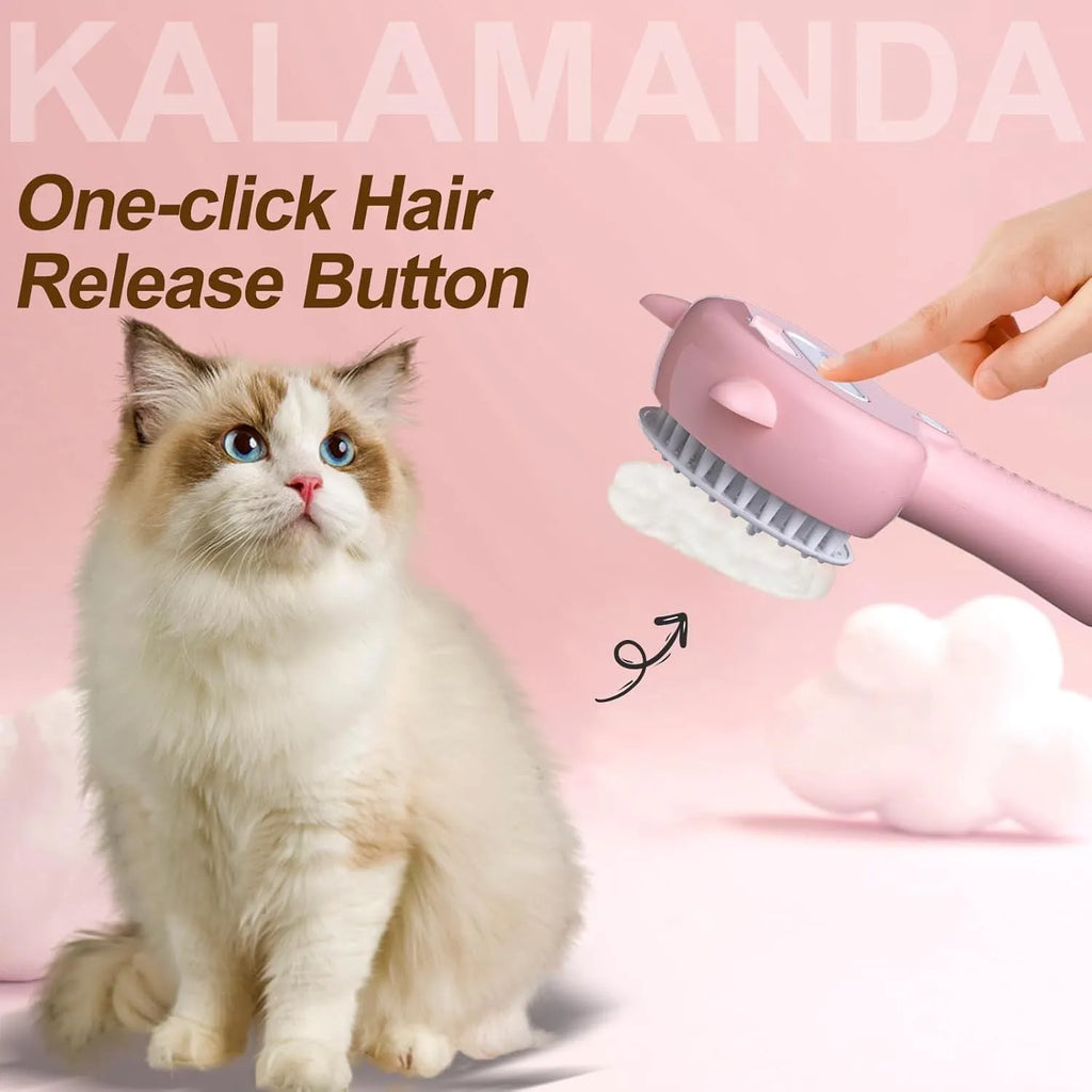Blue cat-ear shaped steam brush for pet grooming with rubber bristles and a release button.