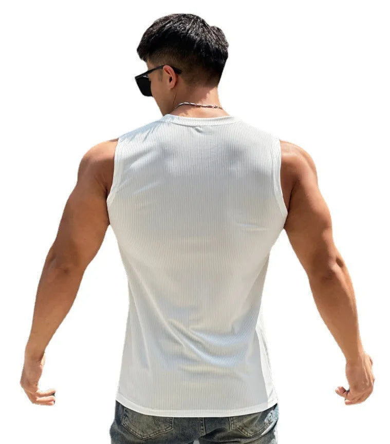 Men's summer workout vest in quick-drying polyester, sleeveless round neck with striped pattern, available in multiple colours