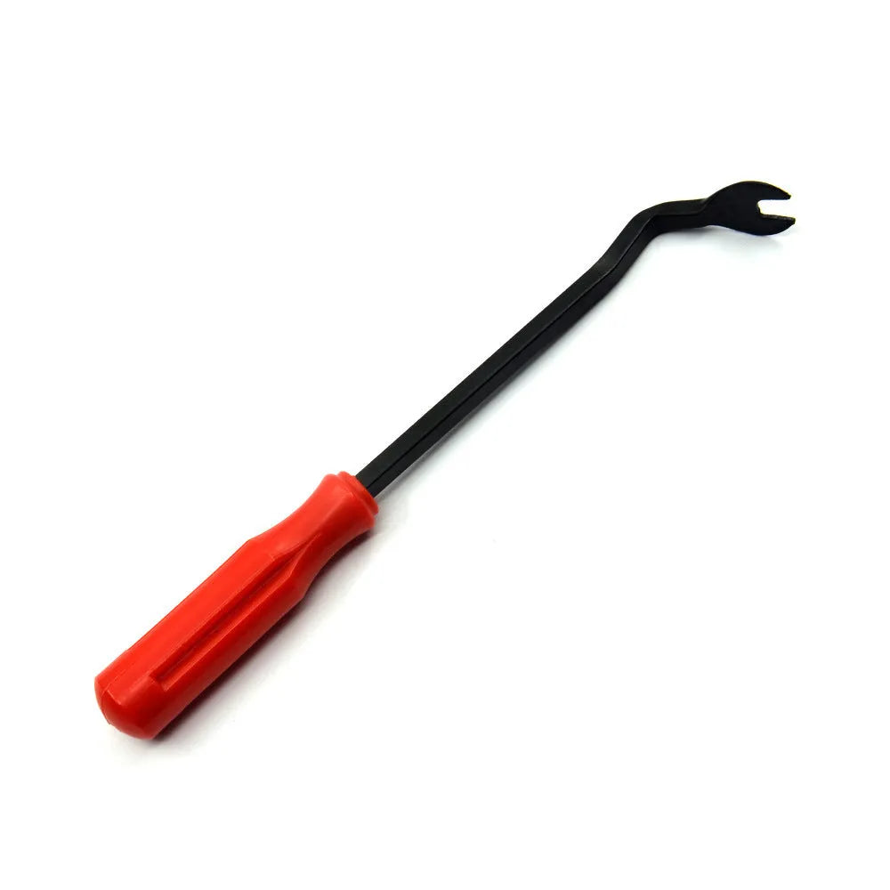 Red steel automotive door panel clip removal tool with integrated light switch pliers for General Motors vehicles.