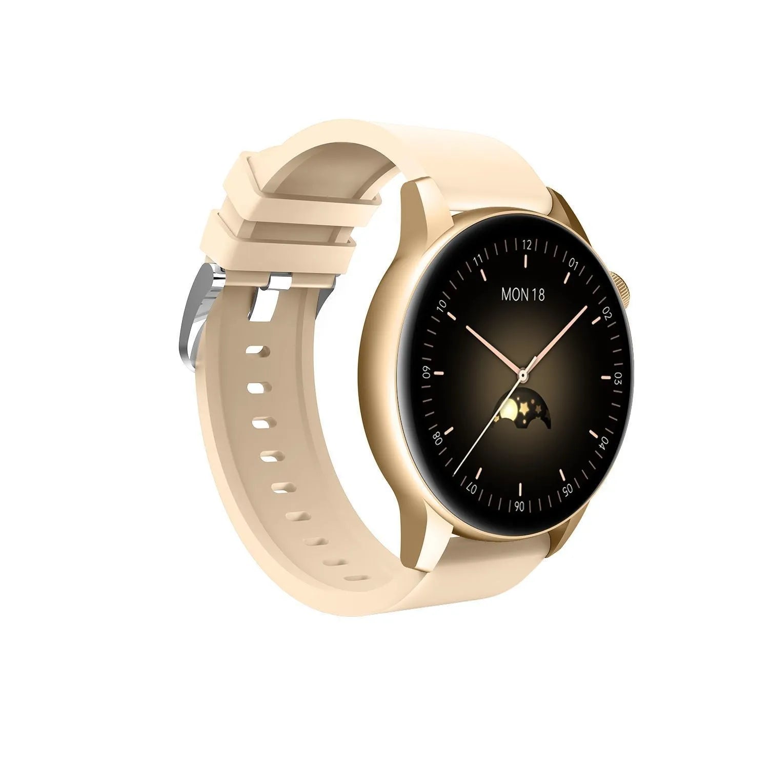 Stainless steel smart watch with colour touch screen on a wrist, showing a watch face.