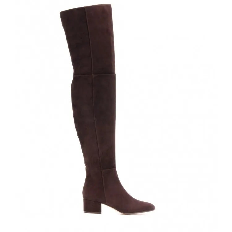 Women's grey suede over-the-knee flat boots with pointed toes and low thick heel