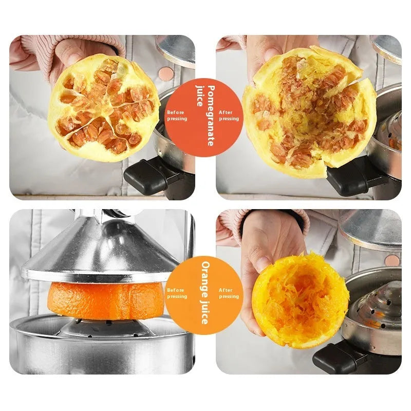 Black cast iron manual citrus juicer with stainless steel cone on a white background.