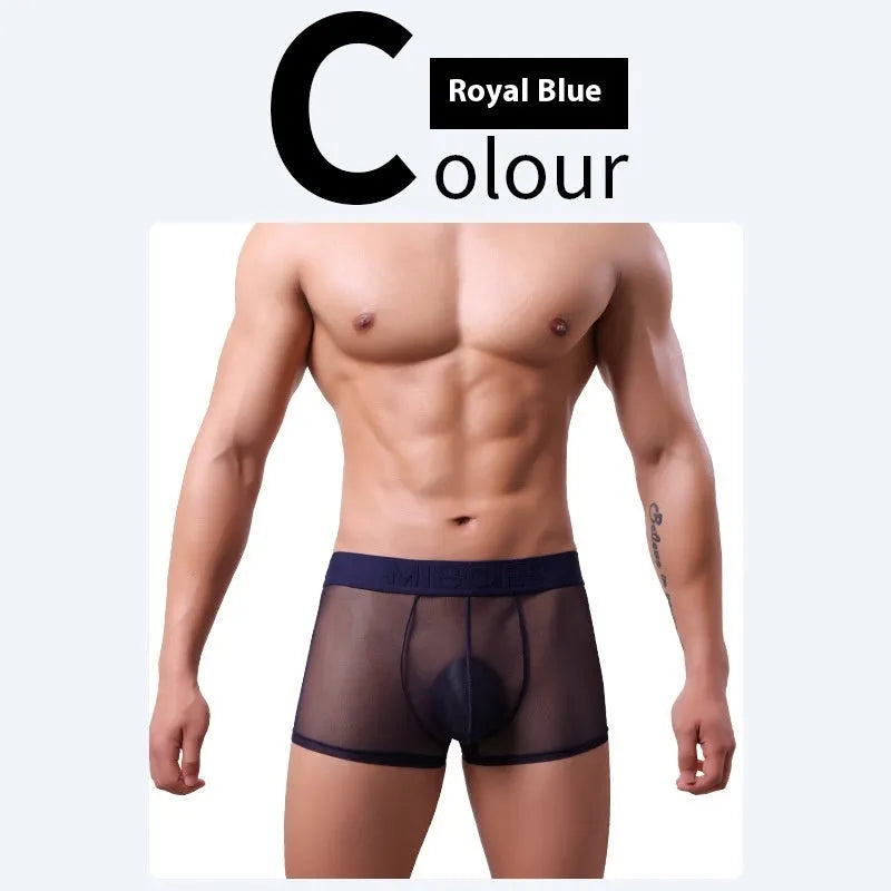 Men's thin quick-drying polyester boxers in six colours on a size chart background.