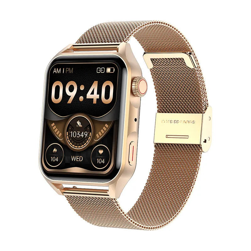 AMOLED NFC smart watch with 1.8 inch display in black colour showing multiple watch faces and magnetic charger