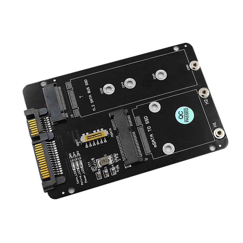 Two-in-one solid state hard-disk cartridge adapter card with mSATA and NGFF M.2 slots and LED indicator on 65x90mm PCB