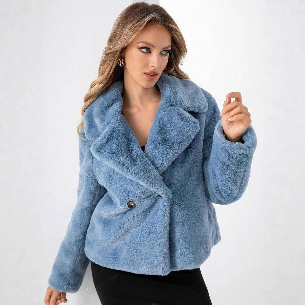 Women's rose red faux fur coat with regular sleeves and 50cm length