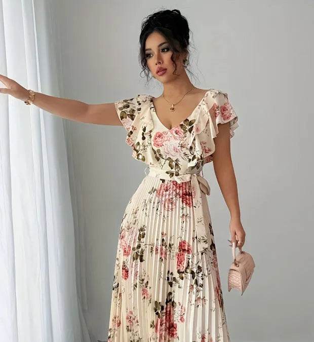 Women's apricot floral print dress with V-neck, ruffled sleeves and oversized swing skirt