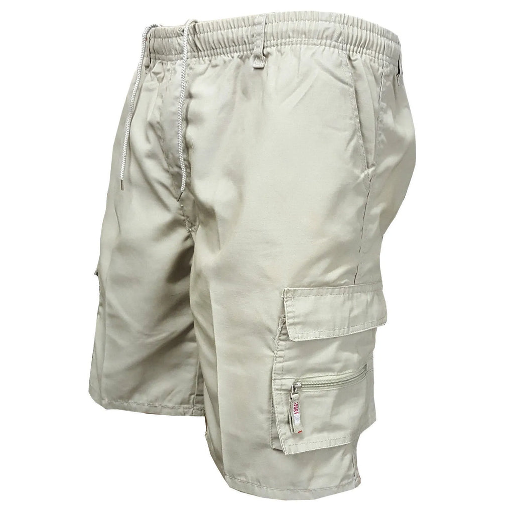 Men's khaki cotton casual shorts with multiple pockets and a drawstring waistband.