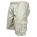 Men's khaki cotton casual shorts with multiple pockets and a drawstring waistband.