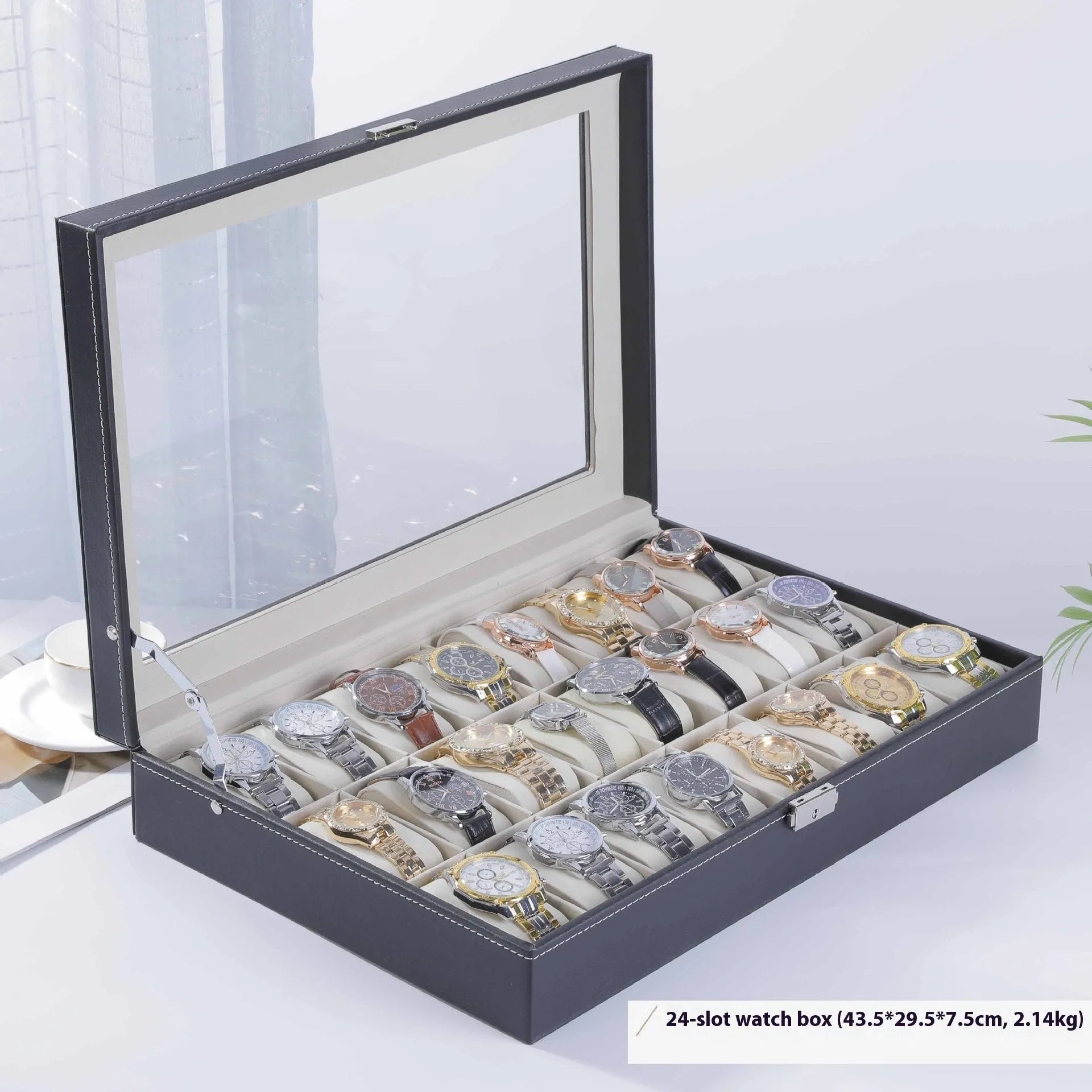 Grey high-grade leather watch storage box with see-through lid for dust protection.
