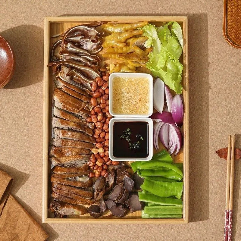 Square bamboo barbecue tray with brown handle in solid colour design