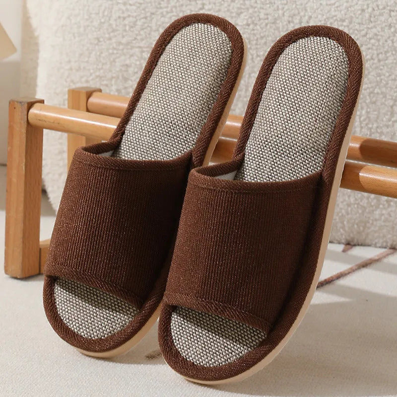 Women's open-toe linen slippers in various colours with thickening sole