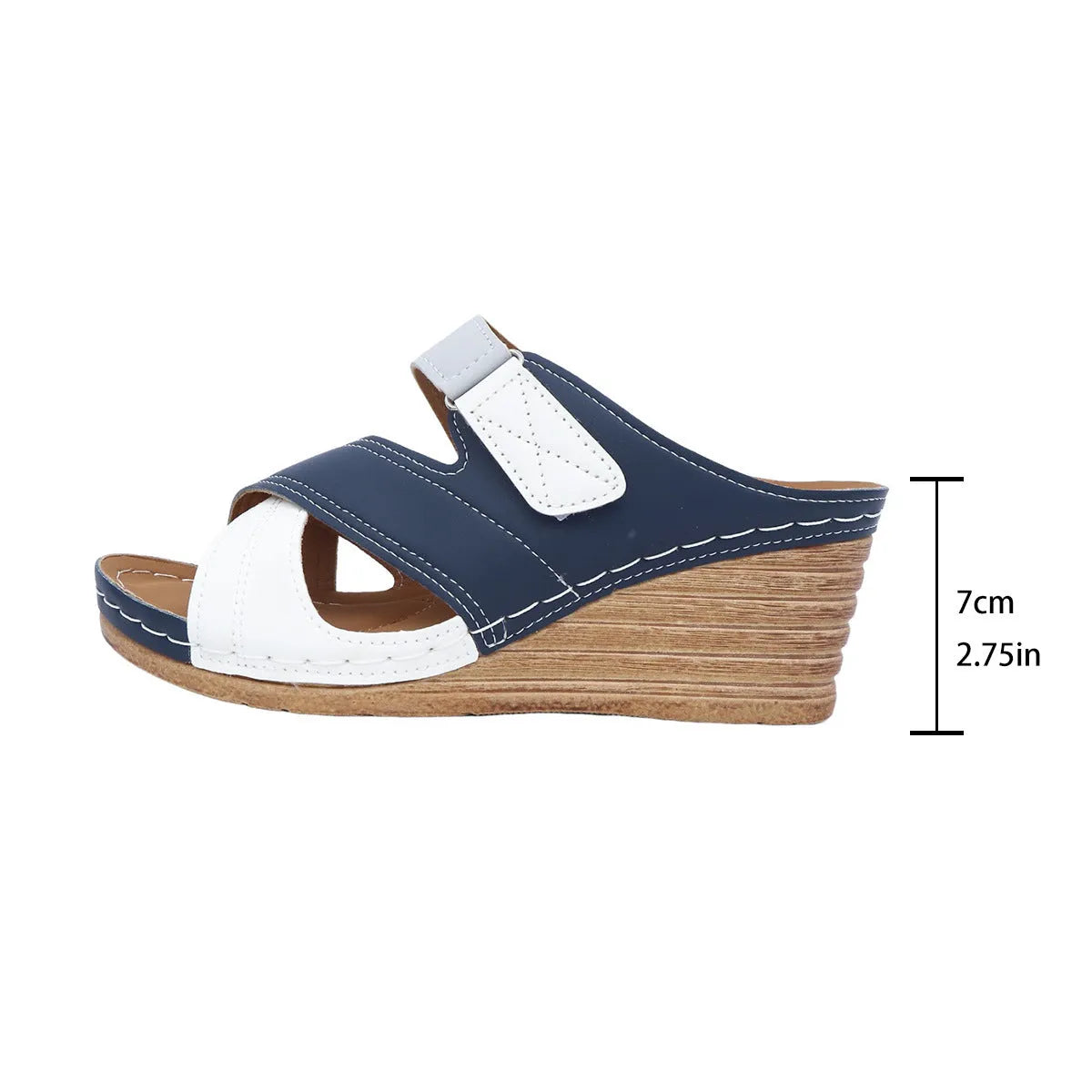 Women's platform wedge slippers with adjustable Velcro strap in fish mouth toe design, showing colour options