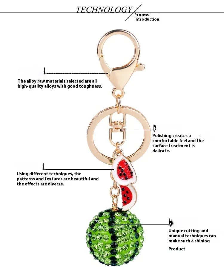 Green watermelon-shaped metal keychain with keyring, 12cm zinc alloy fruit accessory