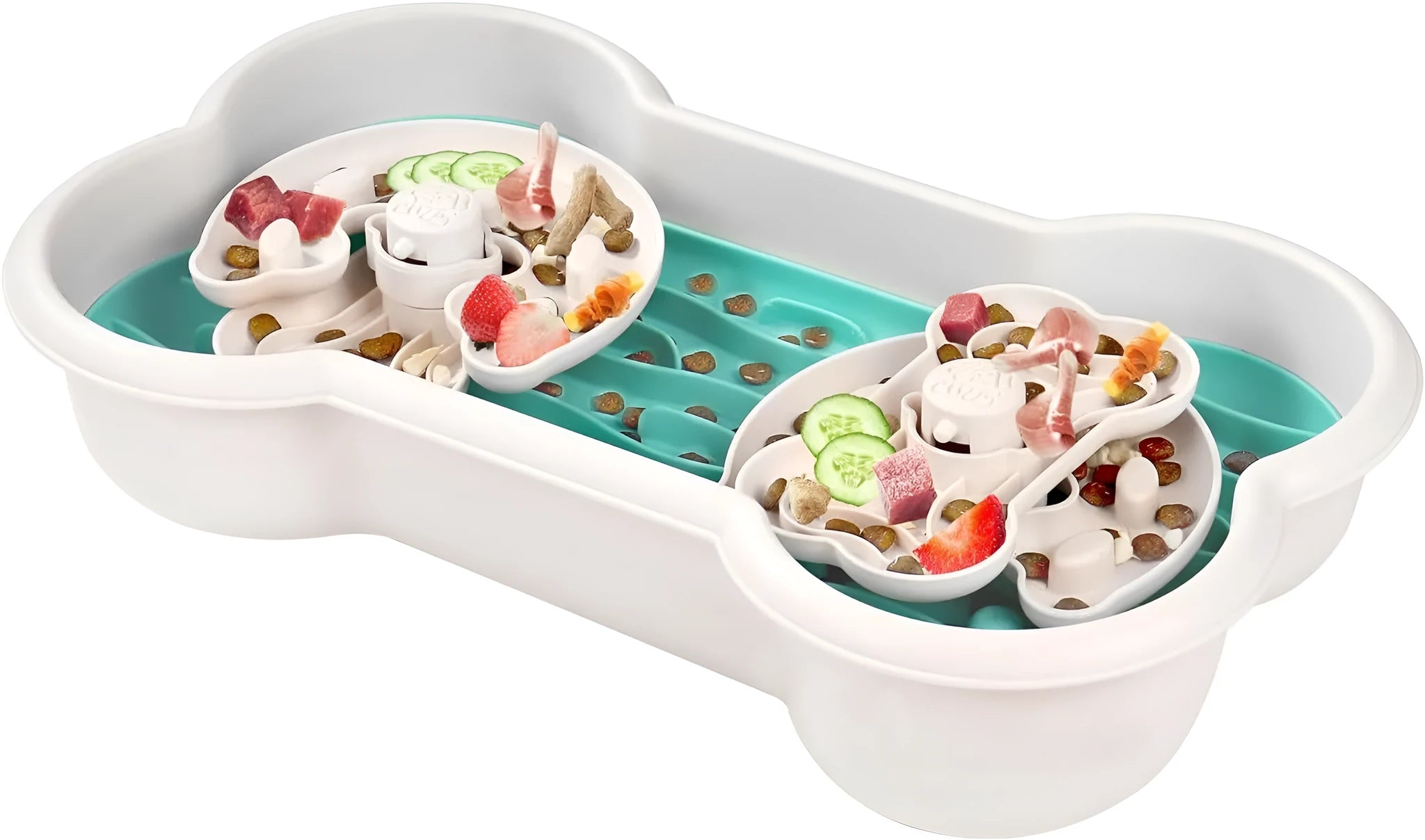 Large green dog slow feeder bowl with three rotating trays showing wave and groove patterns