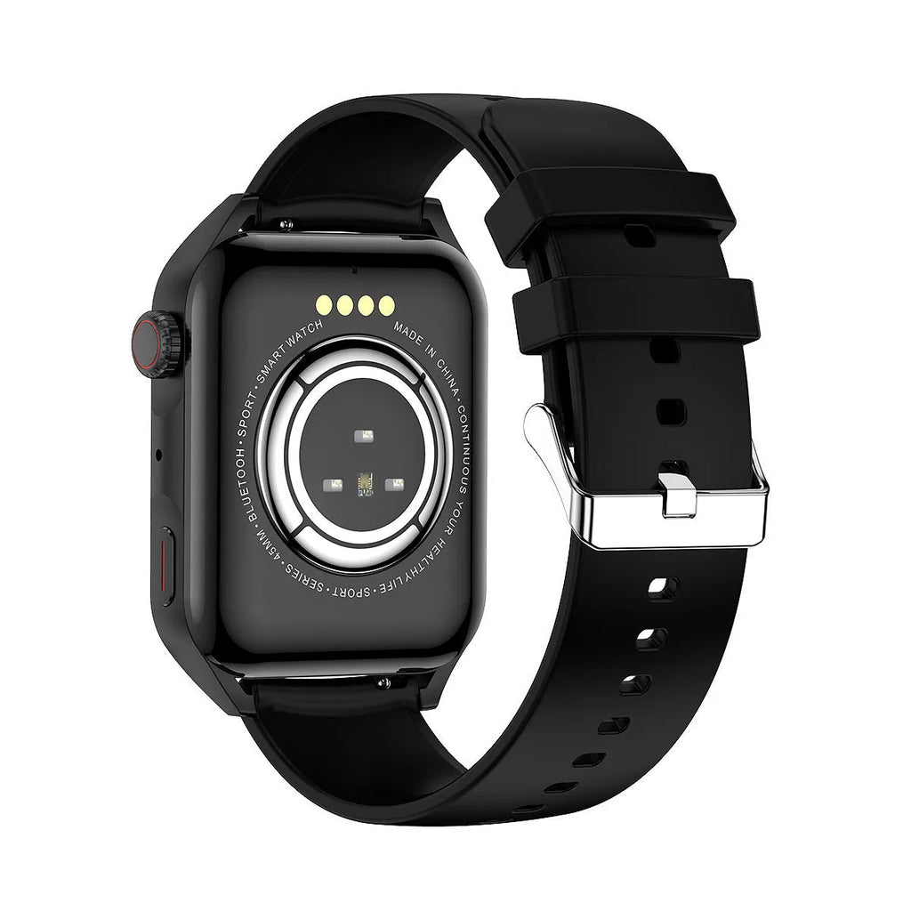AMOLED NFC smart watch with 1.8 inch display in black colour showing multiple watch faces and magnetic charger