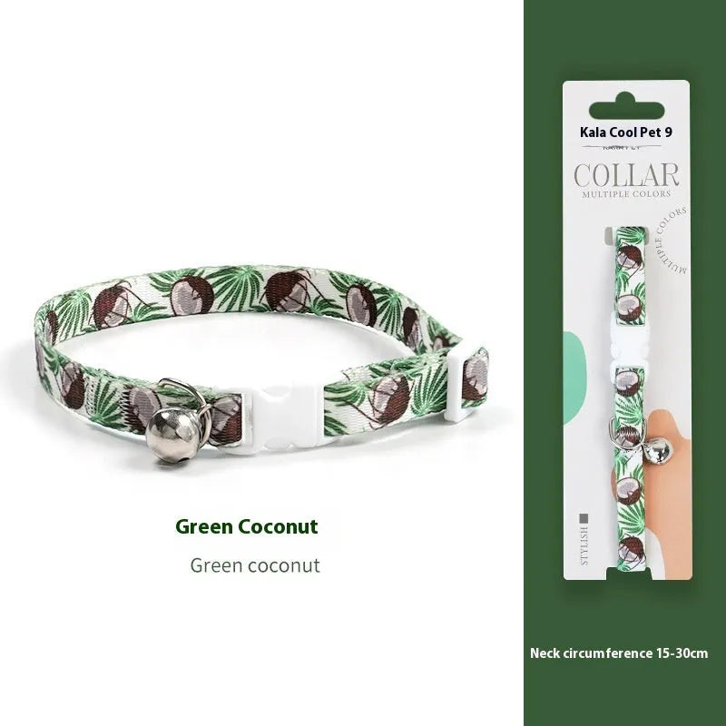 Woven polyester cat collar with anti-suffocation safety buckle and bell in green jungle colour grid pattern
