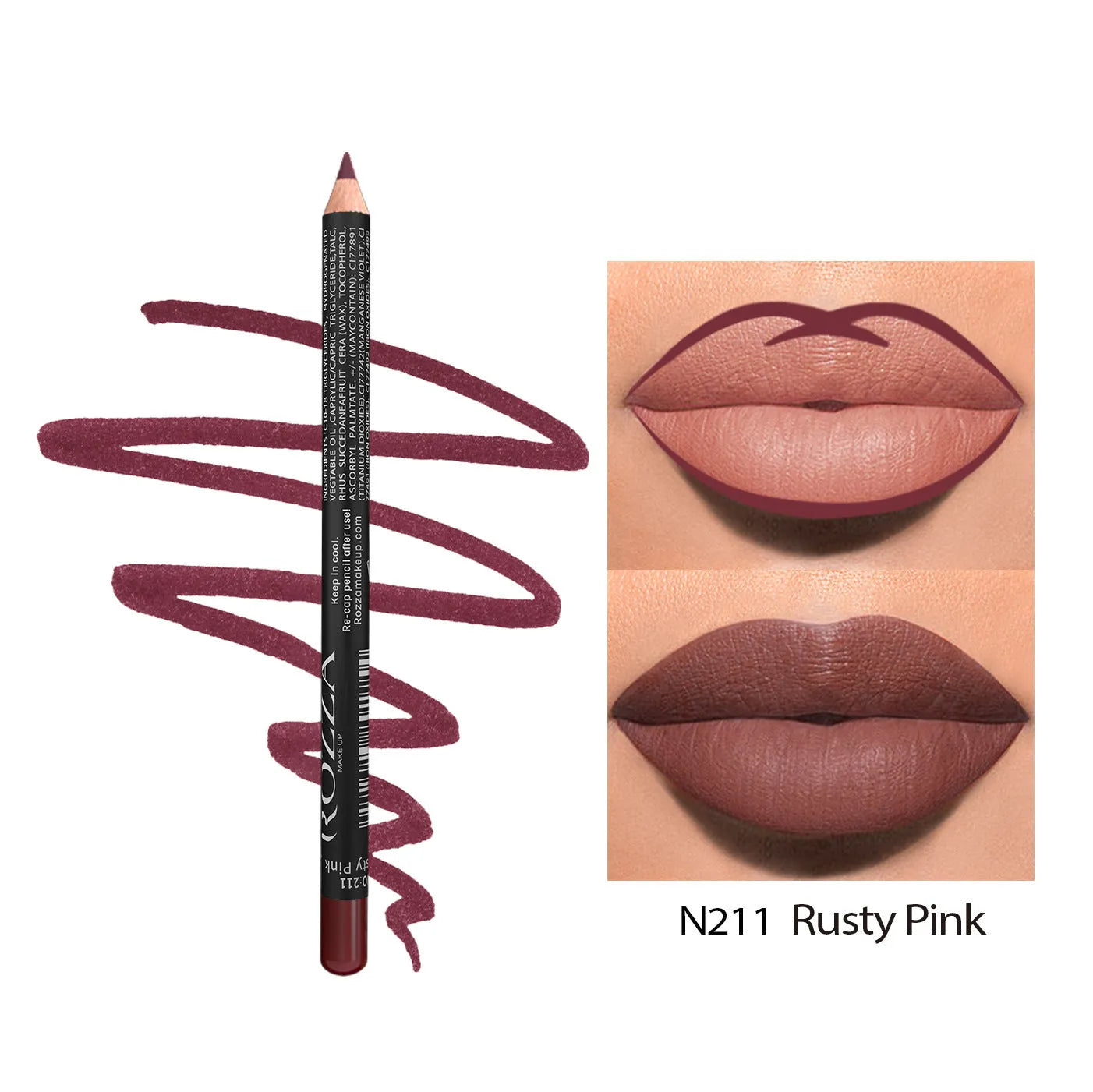 Wooden matte lip liner pencil in various shades showing 24 hour wear and waterproof claim
