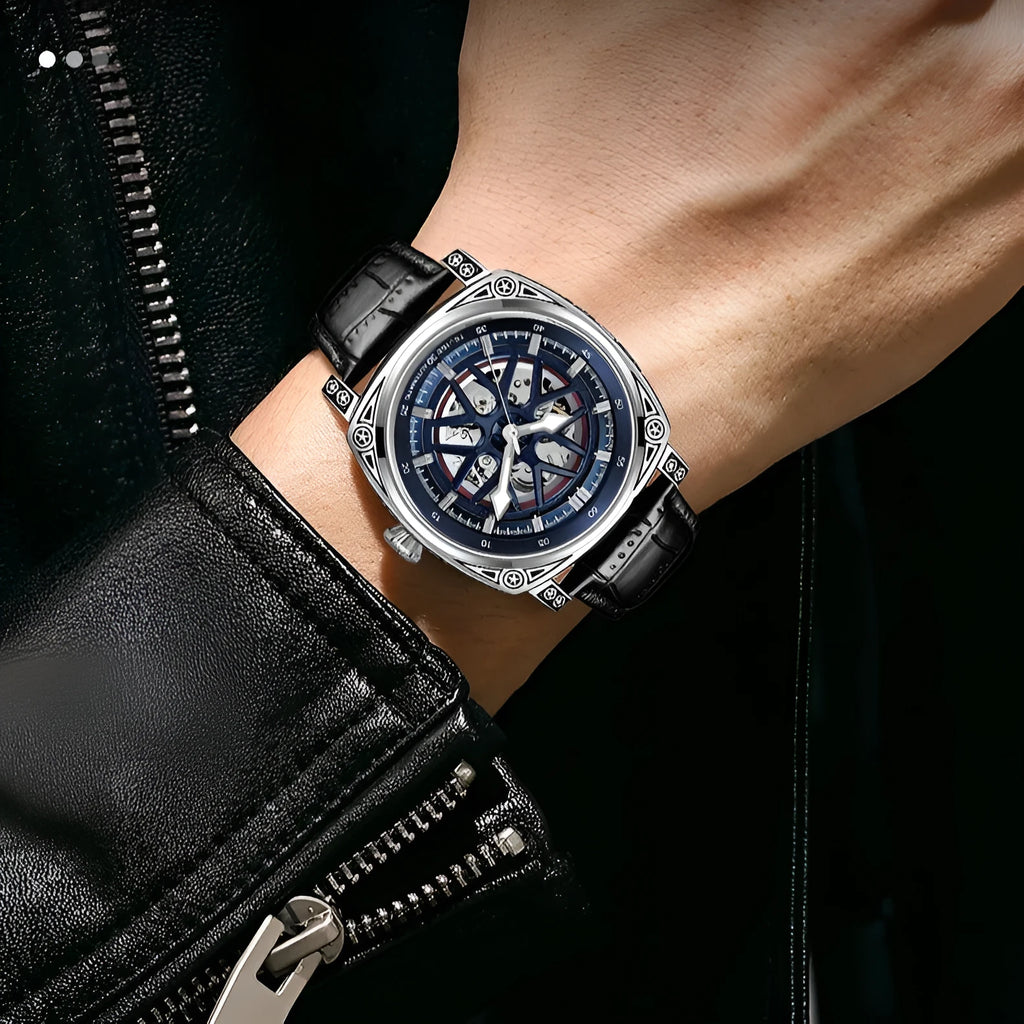 Men's stainless steel automatic watch with a blue leather strap showing time on dial