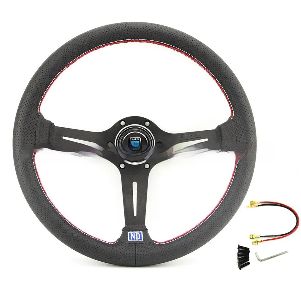 14-inch leather steering wheel with middle concave design and black skeleton