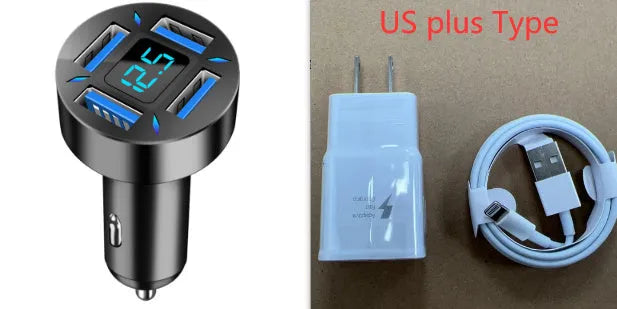 Black 4-port USB car charger with digital display plugged into a vehicle cigarette lighter socket.