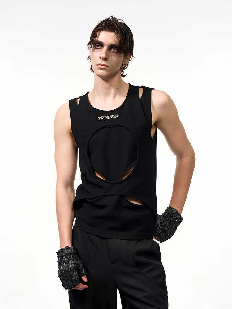 Men's hollow thread sleeveless waistcoat in black or white with round neck pullover design