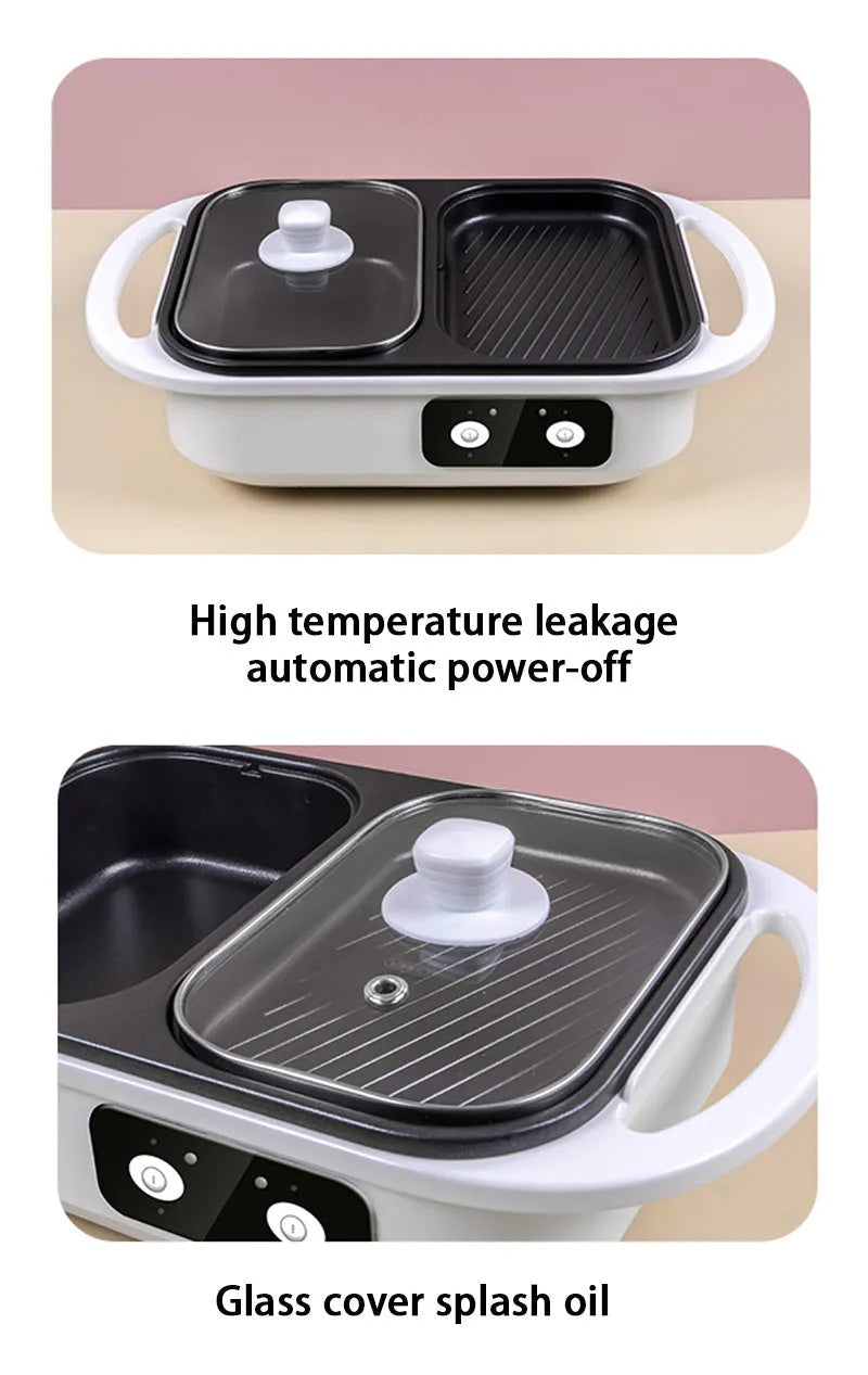 White and green dual-function electric frying oven and hot pot appliance on a kitchen counter.