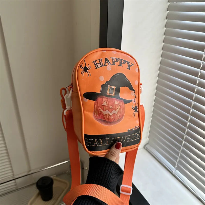 Halloween graffiti phone crossbody bag with cartoon pumpkin ghost bat print