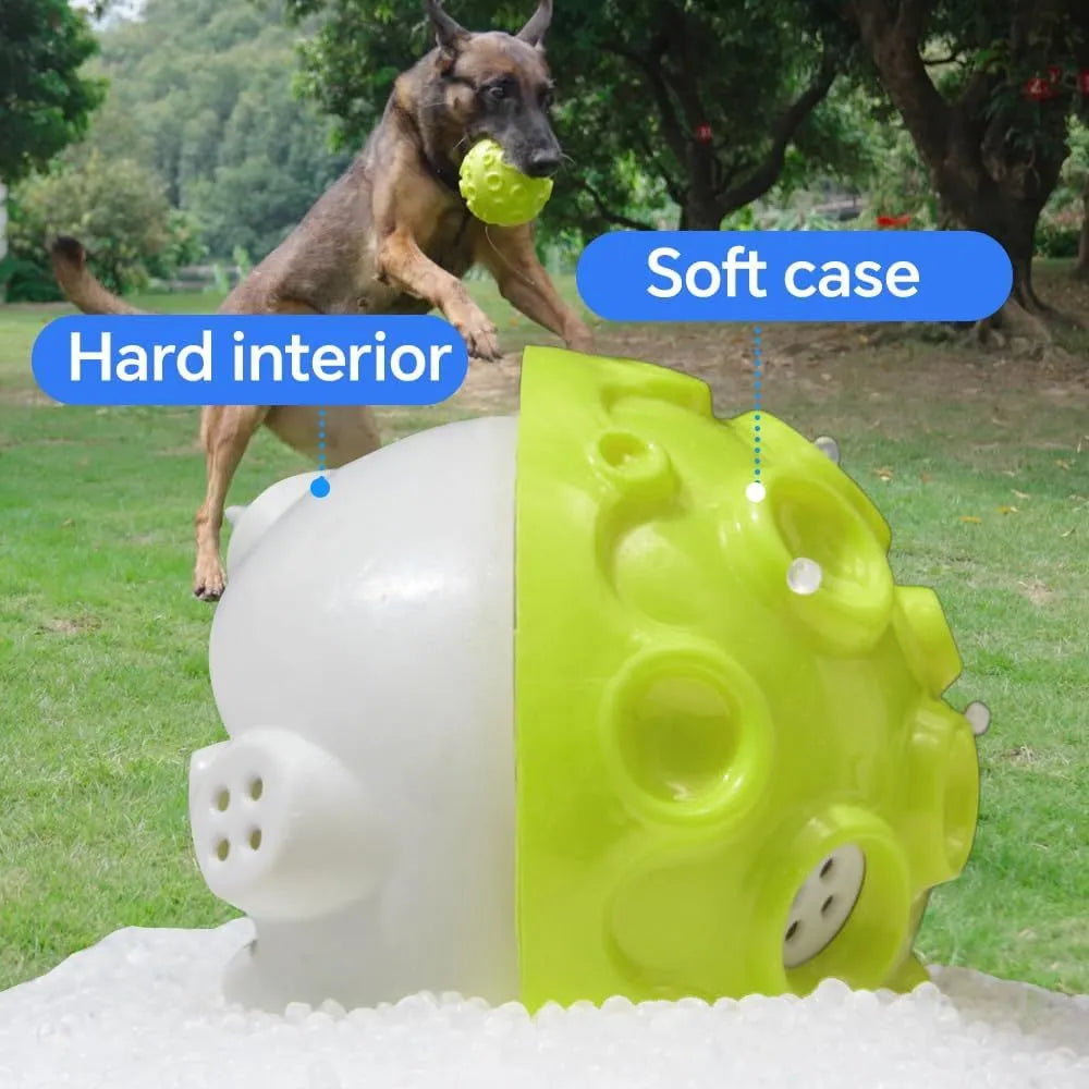 Durable natural rubber dog toy ball with meteorite-shaped bumps in multiple colour options