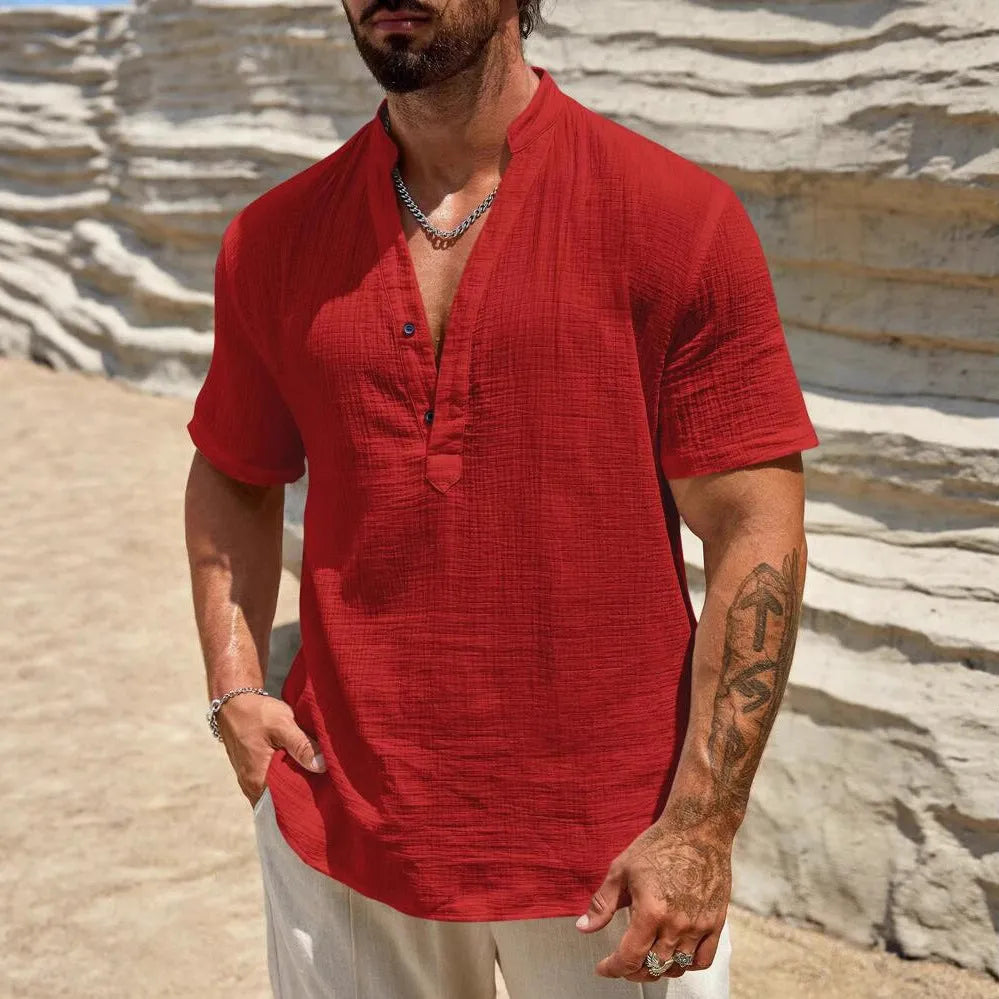 Men's solid colour stand collar short sleeve shirt in lightweight fabric for summer casual wear