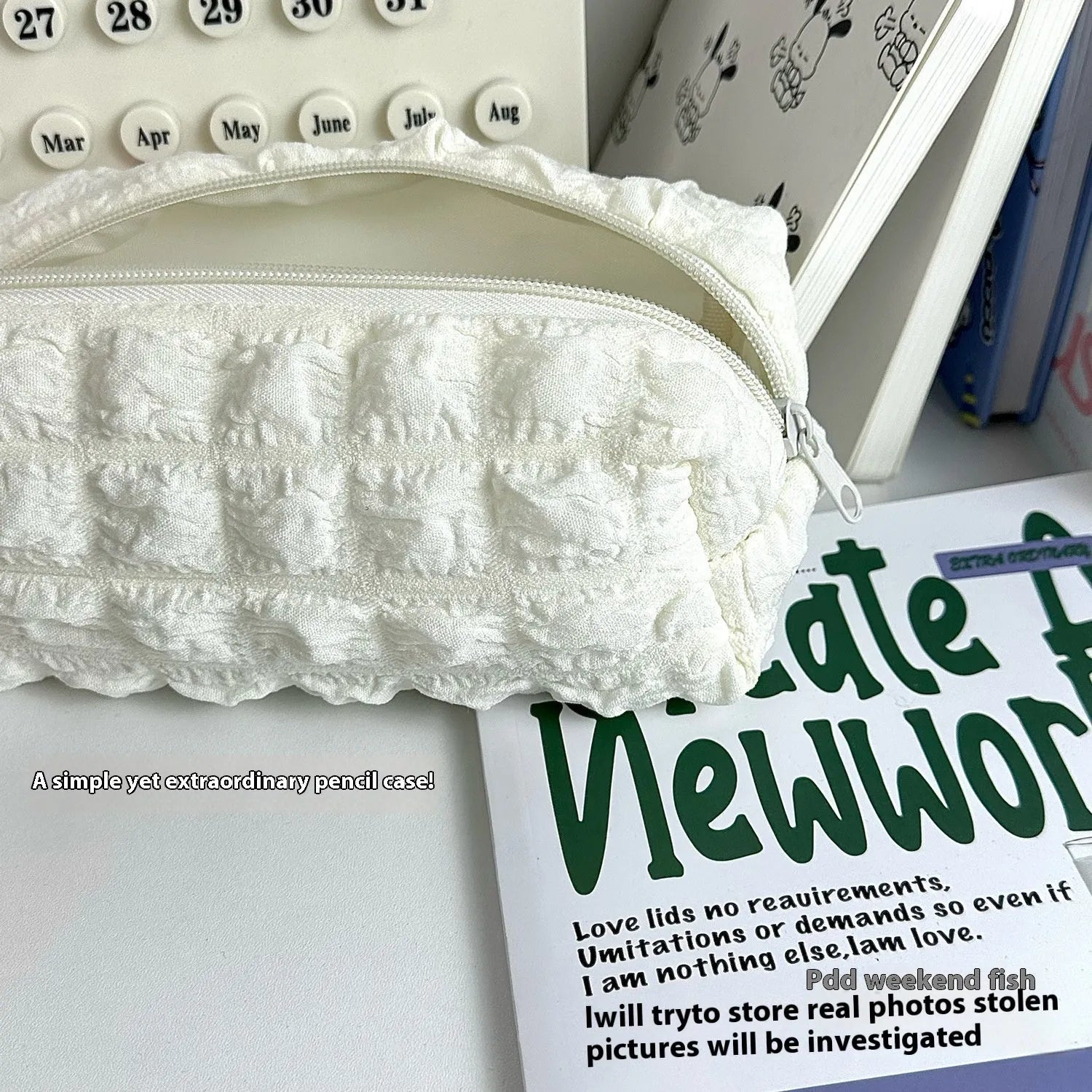 Fabric pencil case with cream puff personality design in beige and black colour options